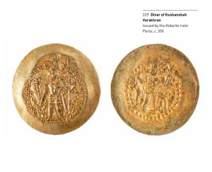 Examples of Coins. (Left) Drachma of Peroz, Sasanian 5th Century A.D. (Right) Dinar of Kushanshah Varakhan, 4th Century A.D.